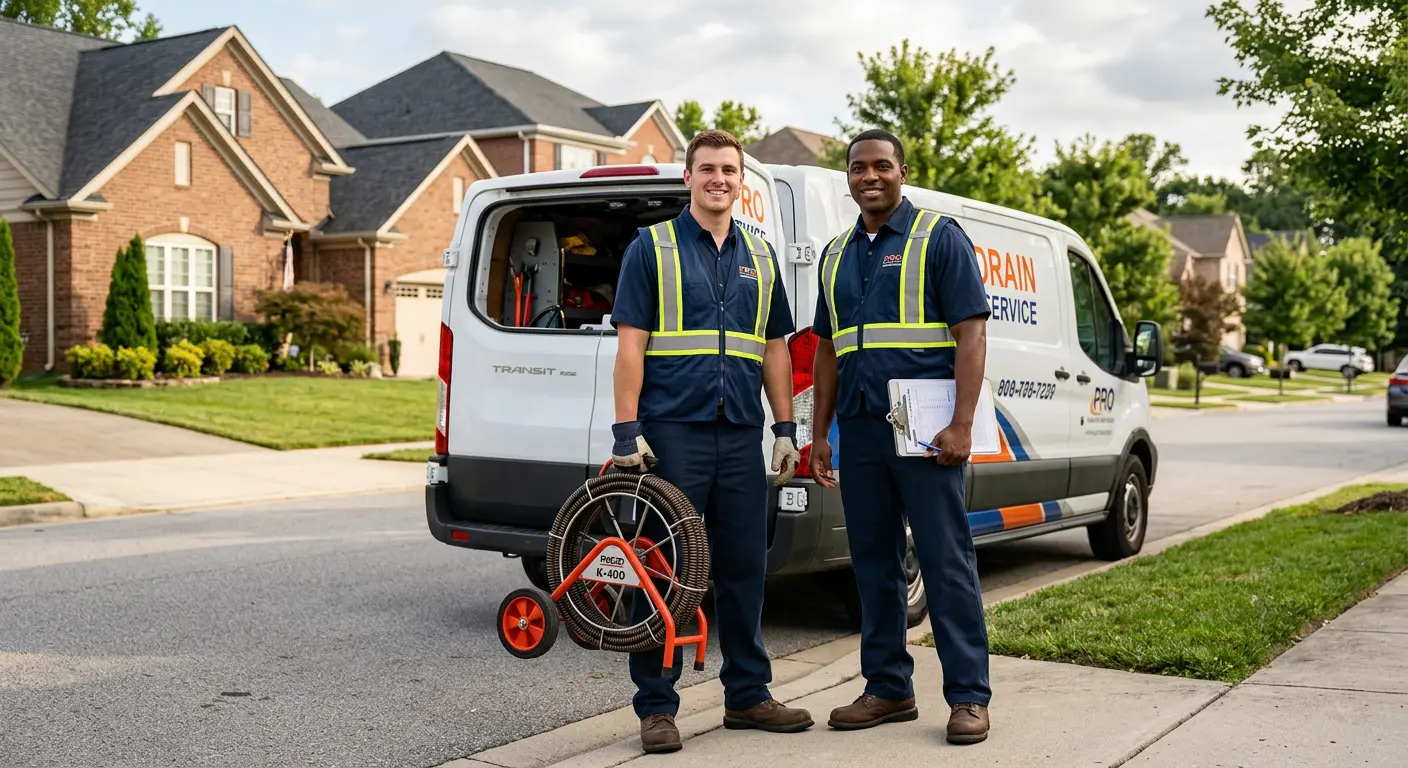 Sewer and drain service team with equipment ready for work in Pike Creek Valley