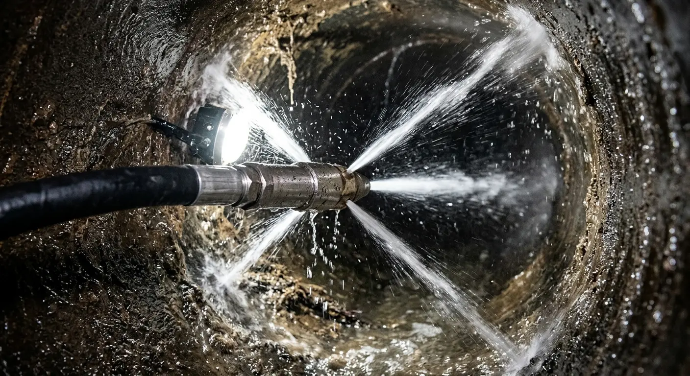 High-pressure hydro jetting nozzle cleaning sewer pipe for Emergency Drain Service in Pike Creek Valley