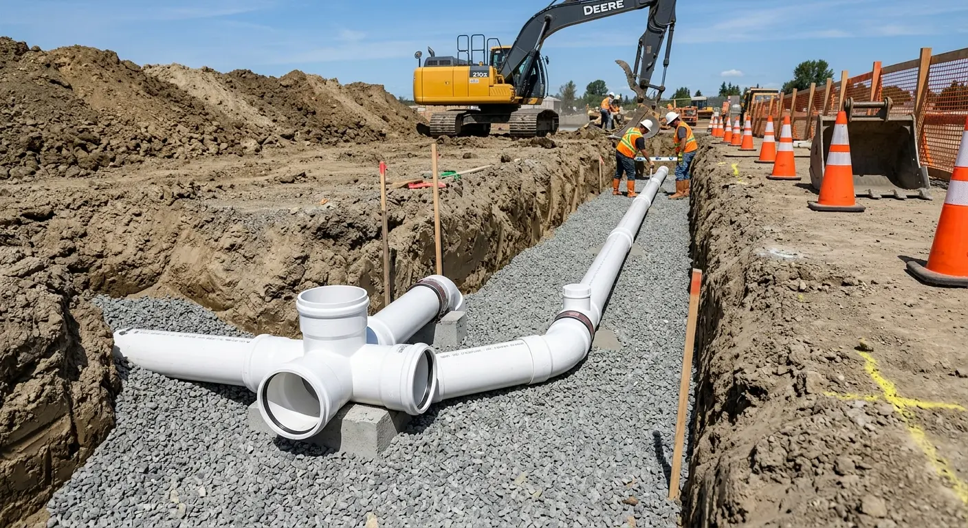 New PVC sewer pipe installation in open trench for Sewer Backup in Pike Creek Valley