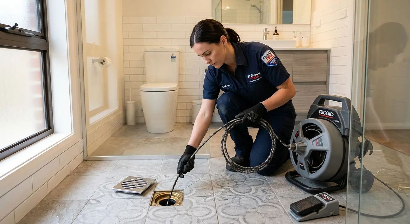 Technician clearing a bathroom floor drain for Sewer Line Replacement in Pike Creek Valley